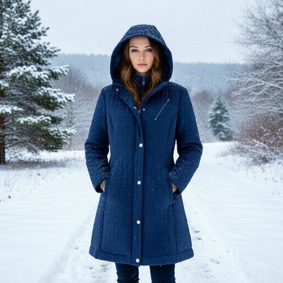 Liverpool Jacket Winter Trench Coat Quilted Hooded MidnightBlue Zip Snap Women L - Picture 1 of 10